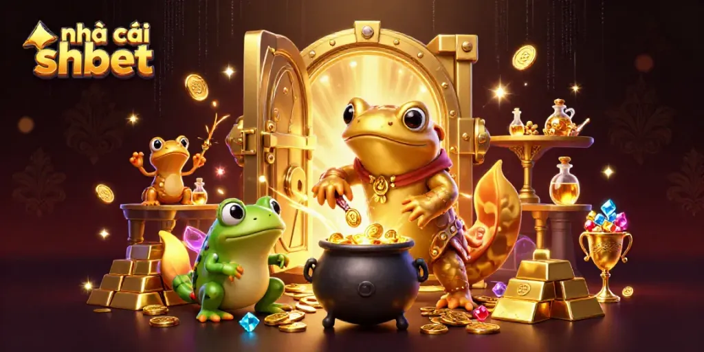 Engage with nhà cái shbet in a vibrant 3D cartoon casino scene filled with treasures and magical elements.