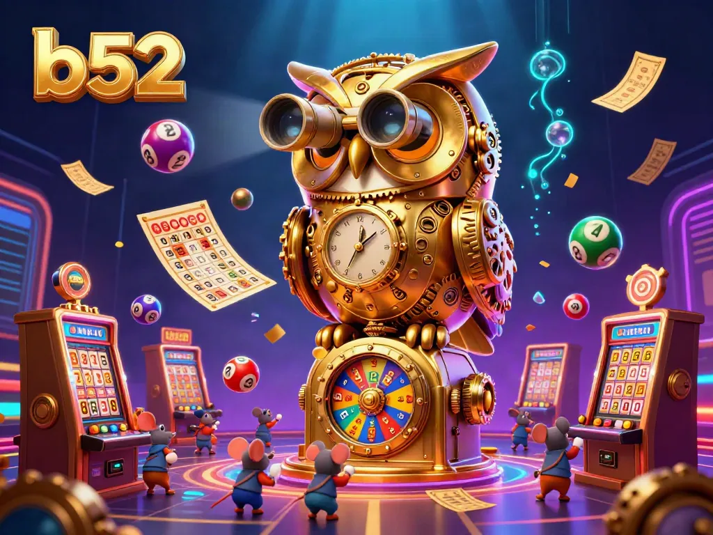 Experience the thrilling b52 casino scene featuring a giant golden owl overseeing vibrant games and lottery excitement.