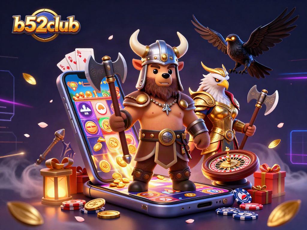 Engage with b52club’s thrilling slot experience featuring Viking characters and rich casino elements.