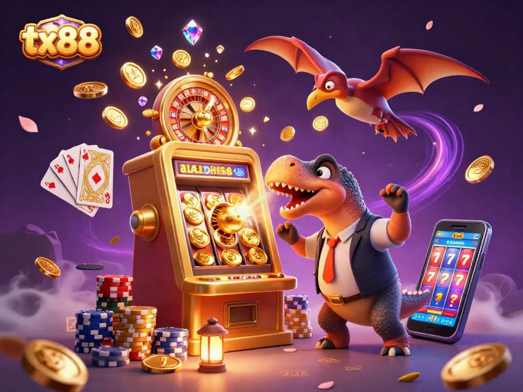 Experience excitement with tx88 as a cartoon dinosaur interacts with a vibrant slot machine.
