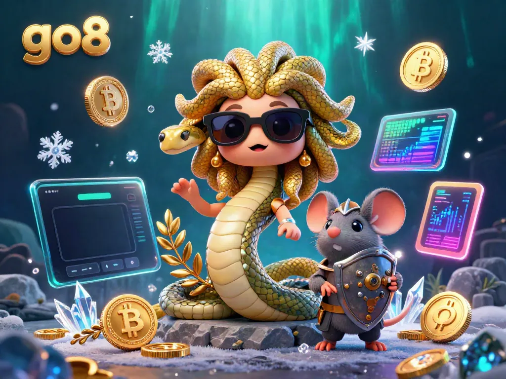 Experience exciting gameplay and stunning visuals at go8, featuring a cute Medusa and warrior mouse amidst crypto elements.