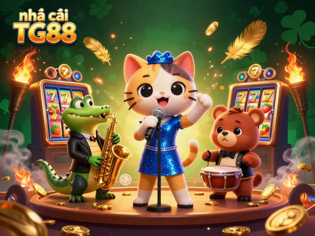 Engaging illustration of Nhà cái TG88 featuring animated animals in a vibrant casino setting, showcasing a jazz cat, saxophone crocodile, and drum bear.