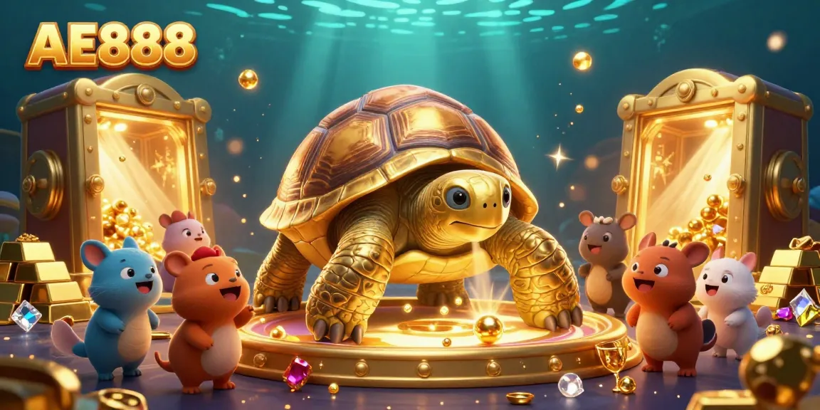 Experience the thrill of AE888 casino gaming with a giant golden tortoise pinball machine surrounded by treasure.