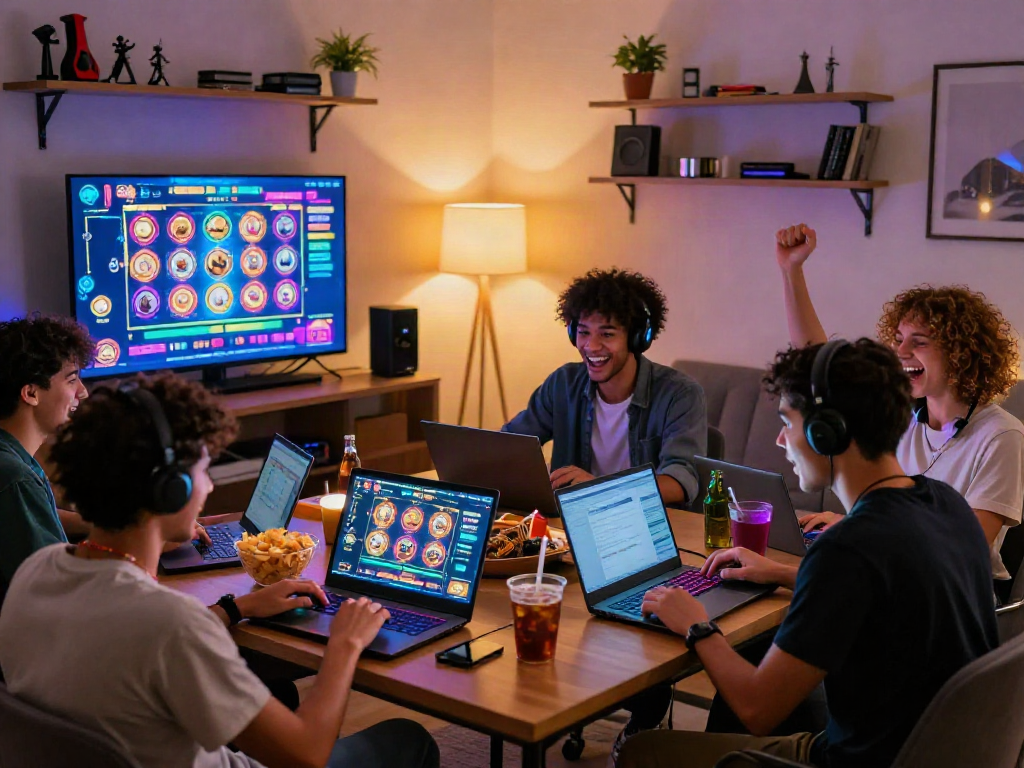 Situs slot777 gaming experience in a lively modern living room with friends enjoying colorful slot games