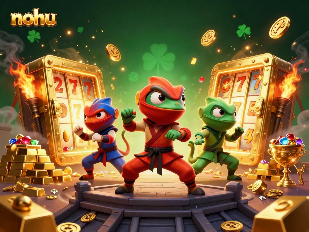 Nohu chameleon team in a vibrant 3D casino scene, performing martial arts poses amid spinning slot reels and jewels.