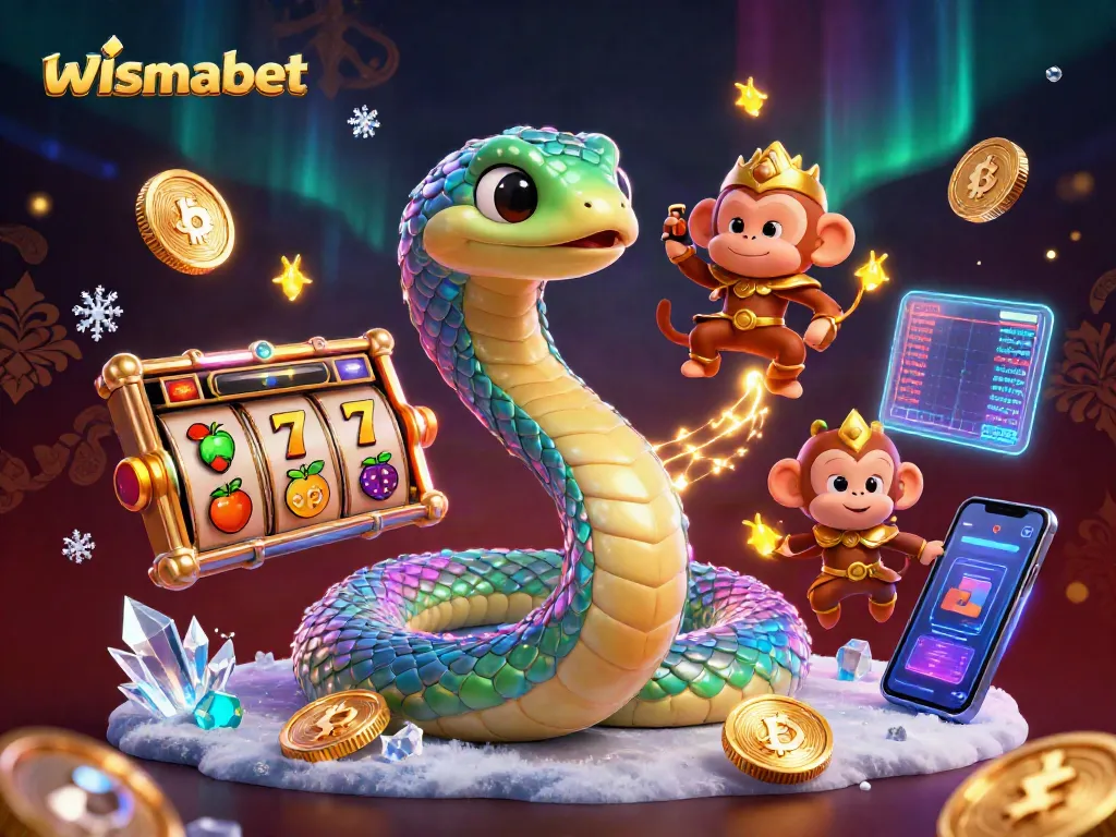 Menangkan jackpot besar dengan wismabet, simbol buah dan slot berkilau memenuhi gambar.