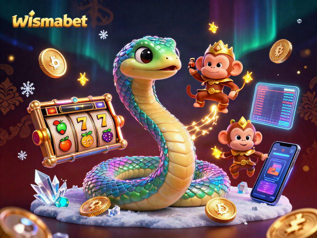 Menangkan jackpot besar dengan wismabet, simbol buah dan slot berkilau memenuhi gambar.