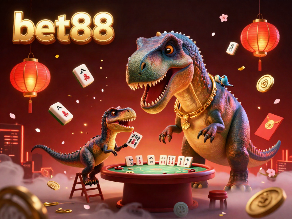 Engage with the vibrant world of bet88 as a giant brontosaurus oversees a poker game, showcasing lively casino elements.