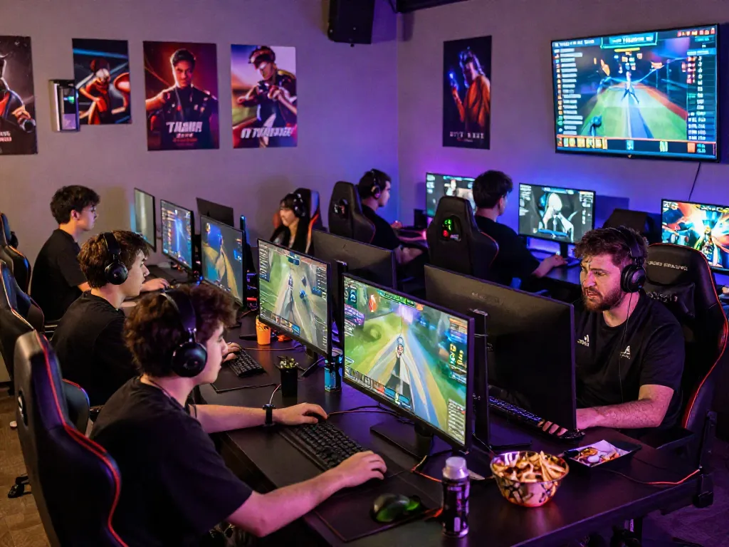 Warung168 gaming community scene with competitive players in an eSports café.