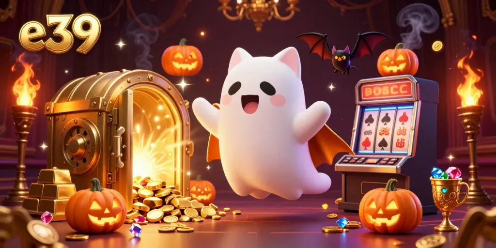 Experience thrilling gaming adventures at e39 with our enchanting 3D illustration featuring playful characters amidst golden treasures.