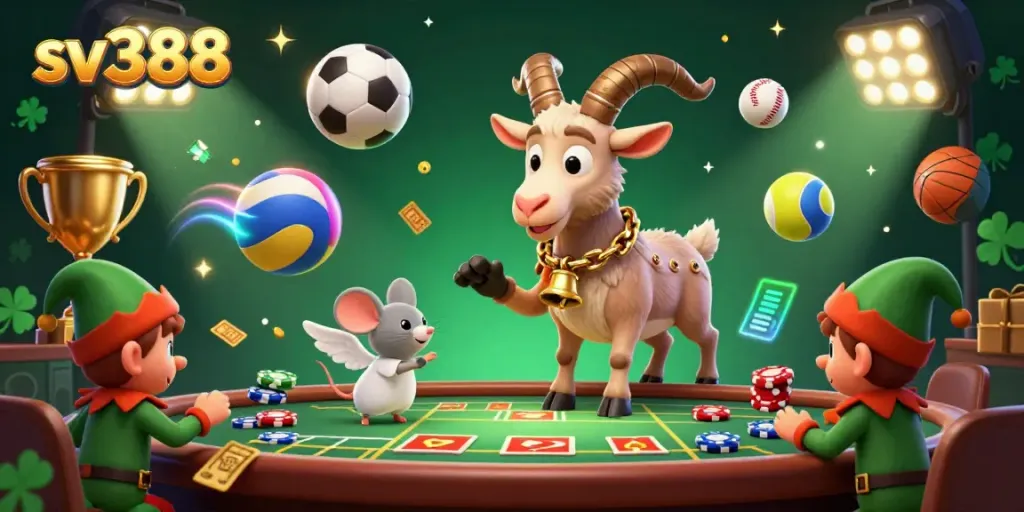 Players enjoy exciting action at the sv388 casino, featuring a dynamic scene of festive characters amidst vibrant gambling elements.