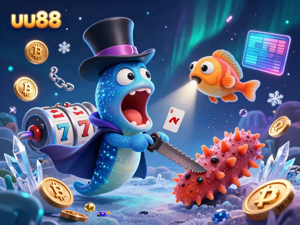 uu88 showcases a 3D bioluminescent eel magician performing card tricks in a vibrant casino scene.