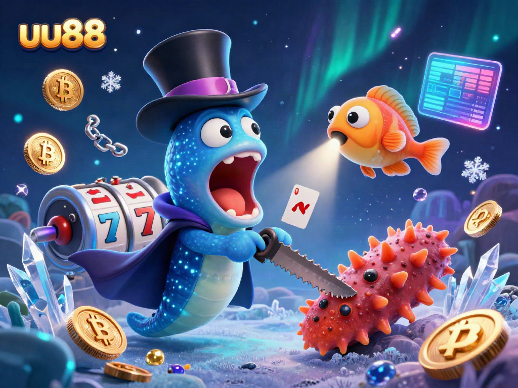 uu88 showcases a 3D bioluminescent eel magician performing card tricks in a vibrant casino scene.