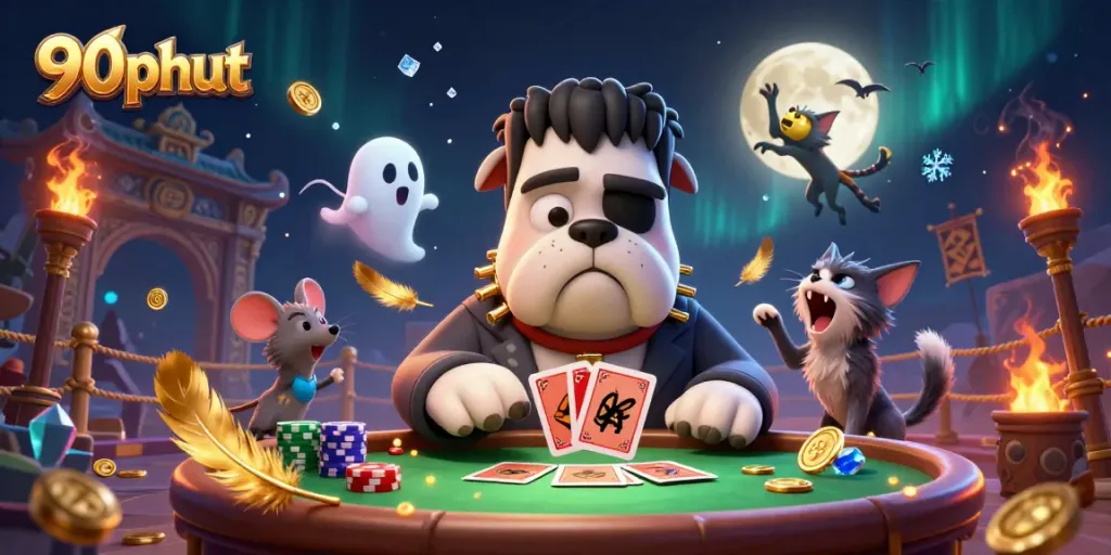 Engage with 90phut at a thrilling card game scene featuring unique characters and magical effects.