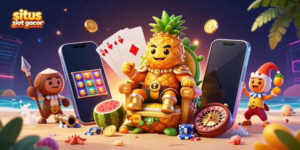 Experience excitement at situs slot gacor with a golden pineapple king ruling a vibrant beach casino.