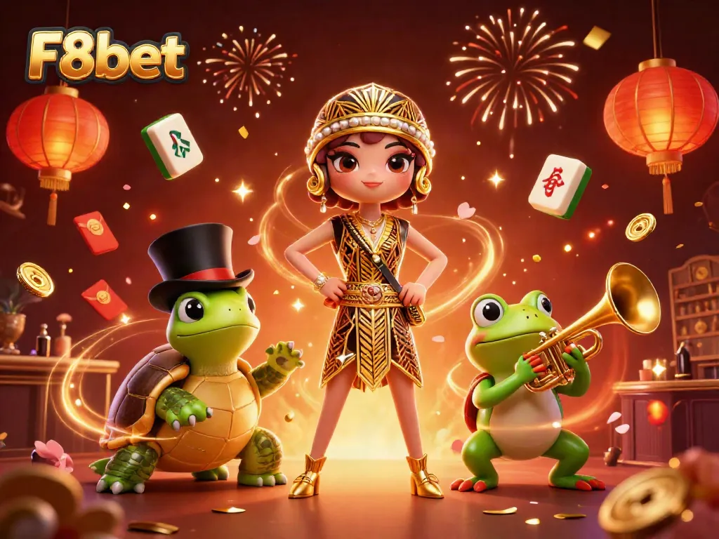 Engage with the vibrant world of F8bet as characters celebrate with games, lanterns, and festive elements.