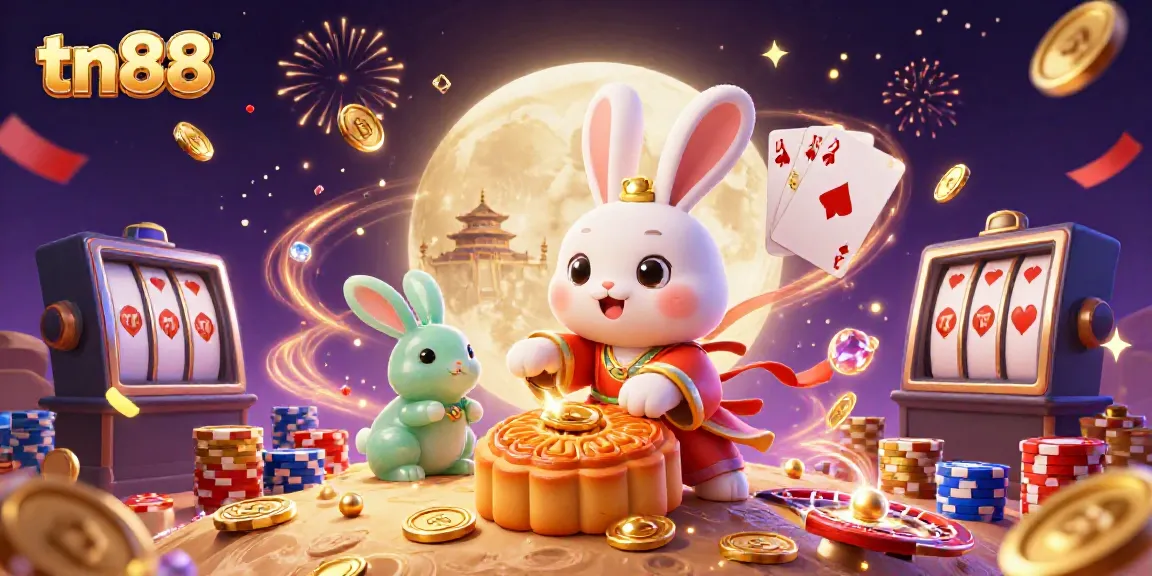 Engage in thrilling gaming at tn88 with a vibrant scene featuring a moon rabbit, poker chips, and a celebratory atmosphere.