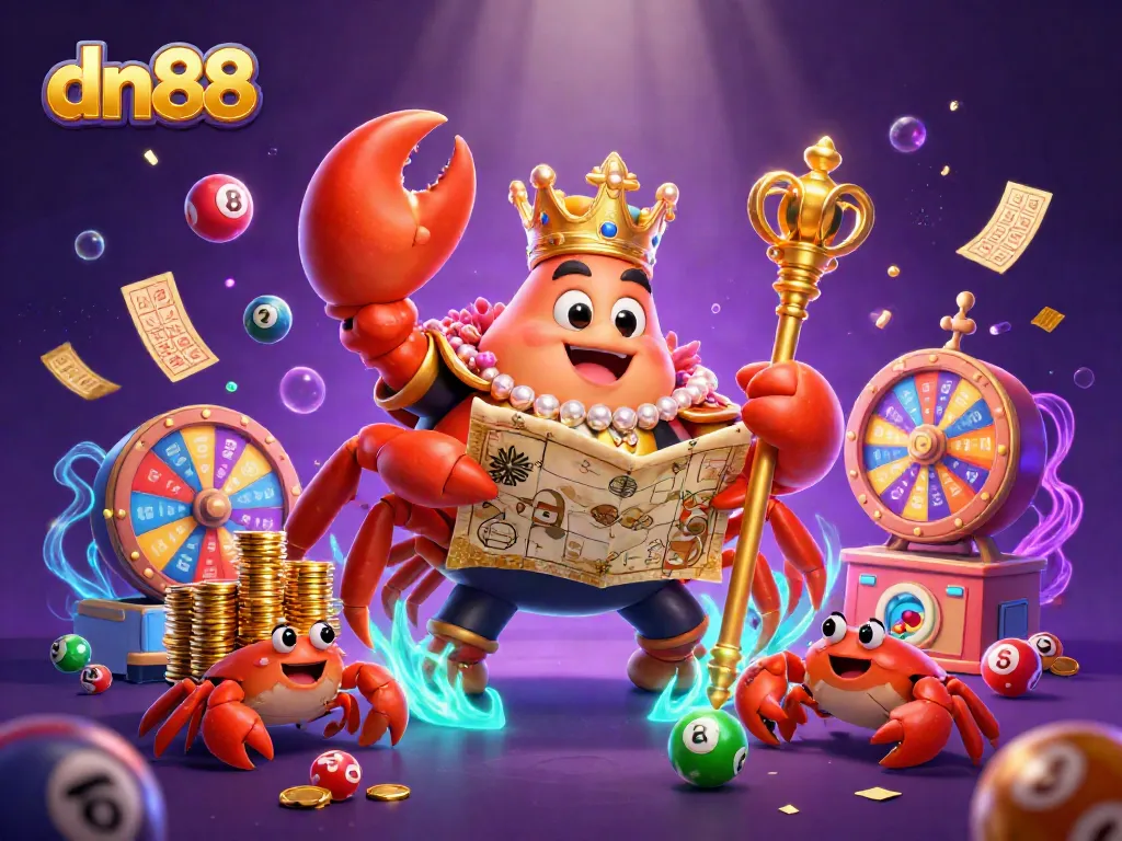 Join the dn88 casino adventure with a colorful scene featuring a golden crab emperor and lottery elements.