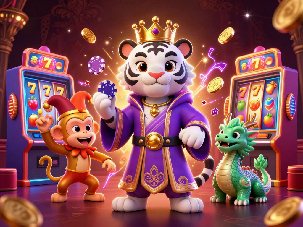 Engaging b52 casino scene featuring a white tiger and a monkey amidst vibrant slot machines and glowing lights.
