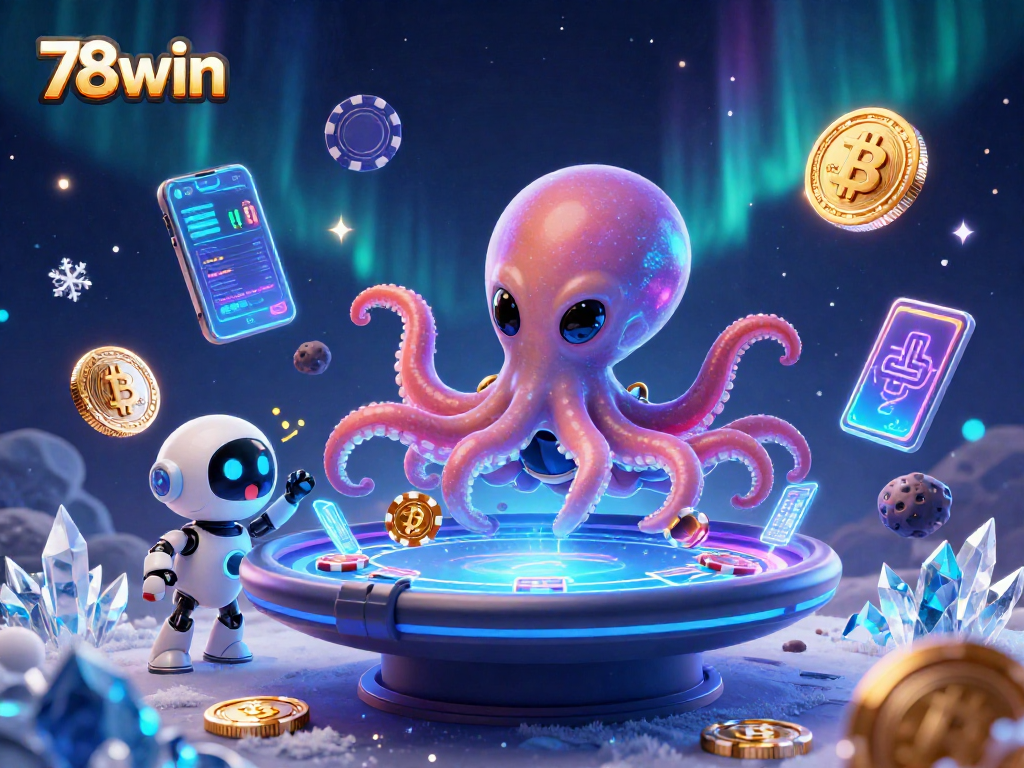 Experience thrilling gameplay at 78win with a vibrant poker scene featuring alien characters and cryptocurrency elements.
