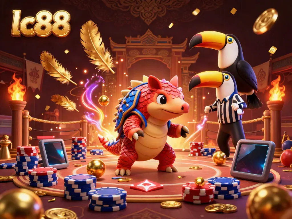 Experience exciting gameplay with lc88's vibrant scene of armored pangolins in a poker chip battle.