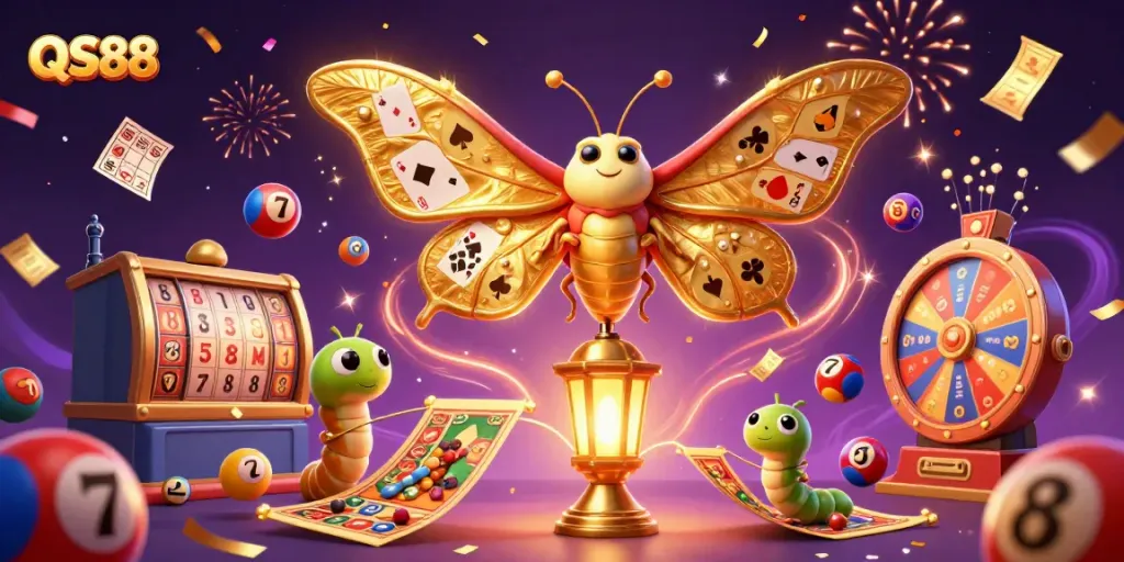 Experience excitement with QS88: 3D casino scene featuring a whimsical moth surrounded by vibrant gaming elements.