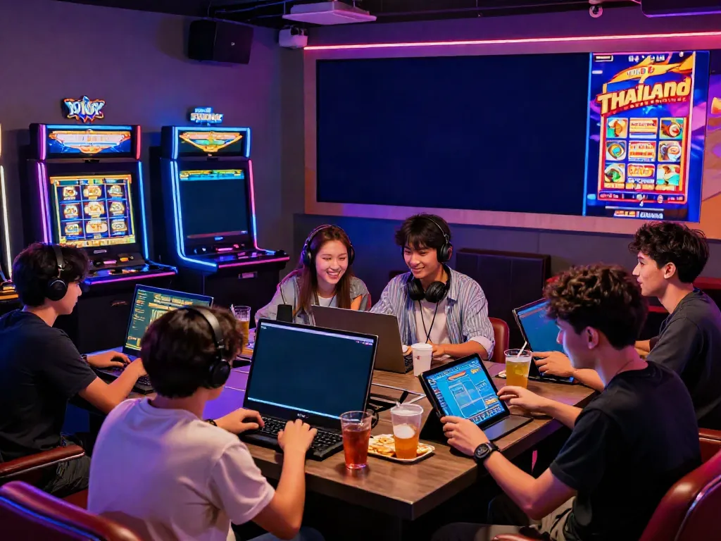 Exciting gaming lounge with players enjoying slot Thailand games on mobile devices.