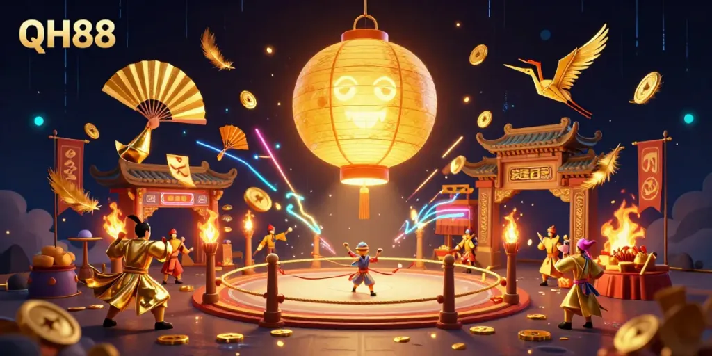 Engage with QH88’s vibrant casino atmosphere with paper fan warriors and a glowing lantern spirit.