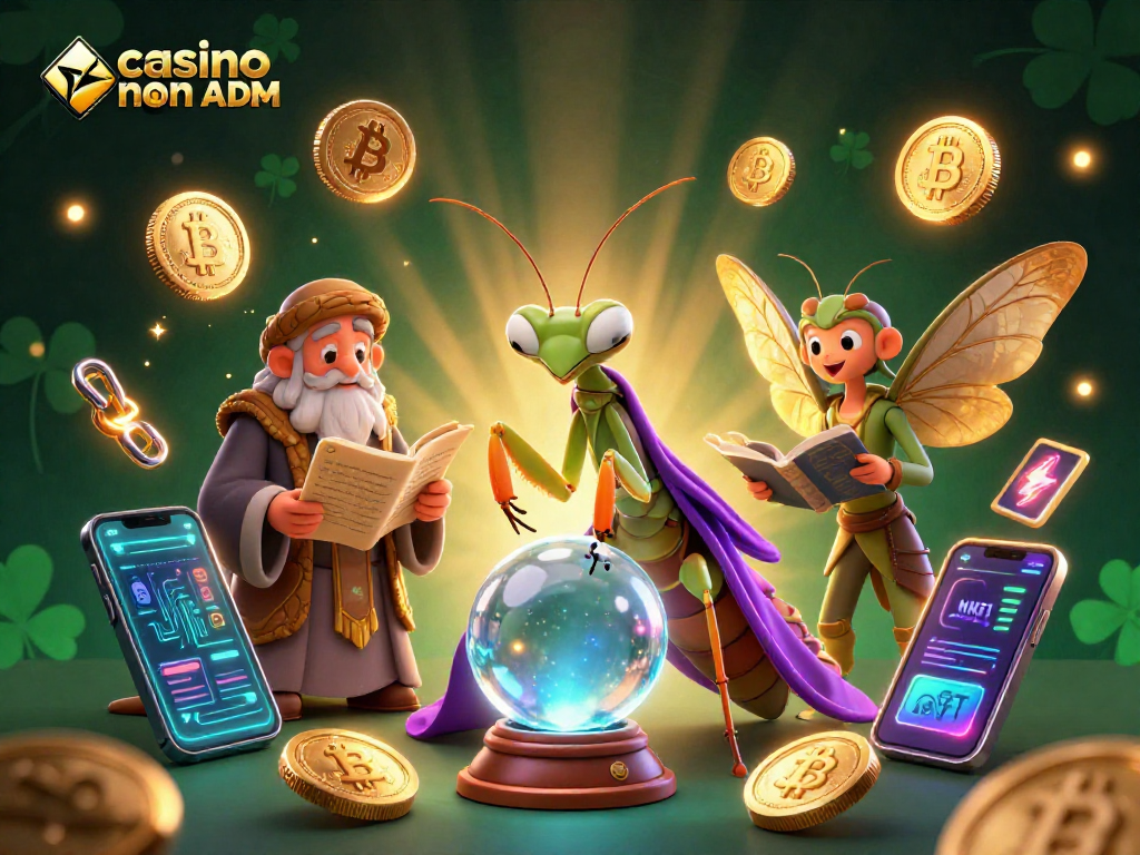 Gioca ai migliori casino non ADM, con una mantide fortuna e una falena sapiente in un'illustrazione vivace.