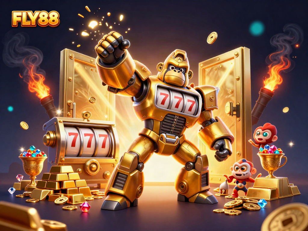 Engage with the thrilling world of FLY88 as the golden gorilla mech launches coins amid dazzling casino treasures.