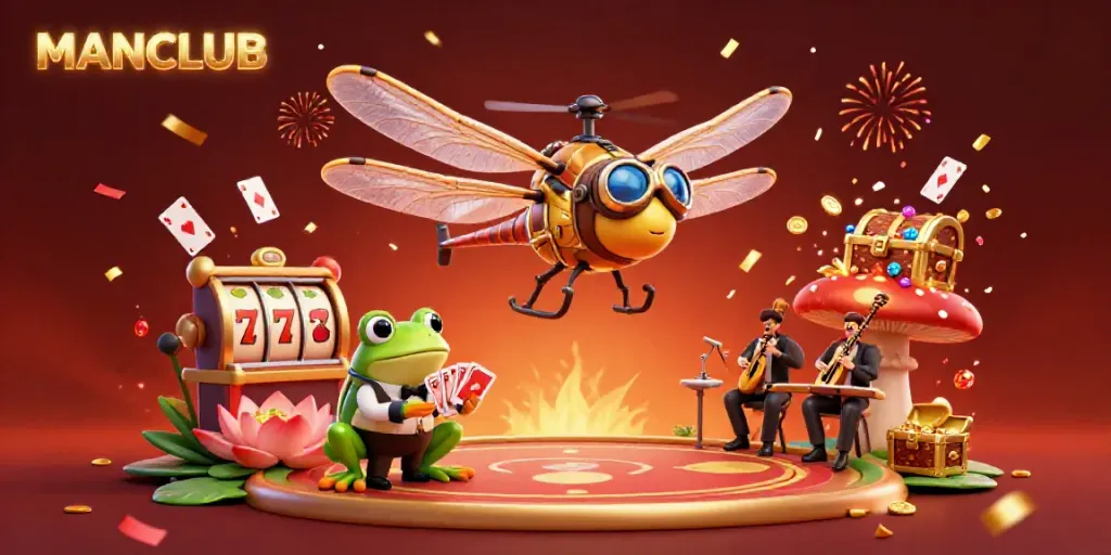 Engaging MANCLUB illustration showing a dynamic casino scene with characters and celebrating elements.