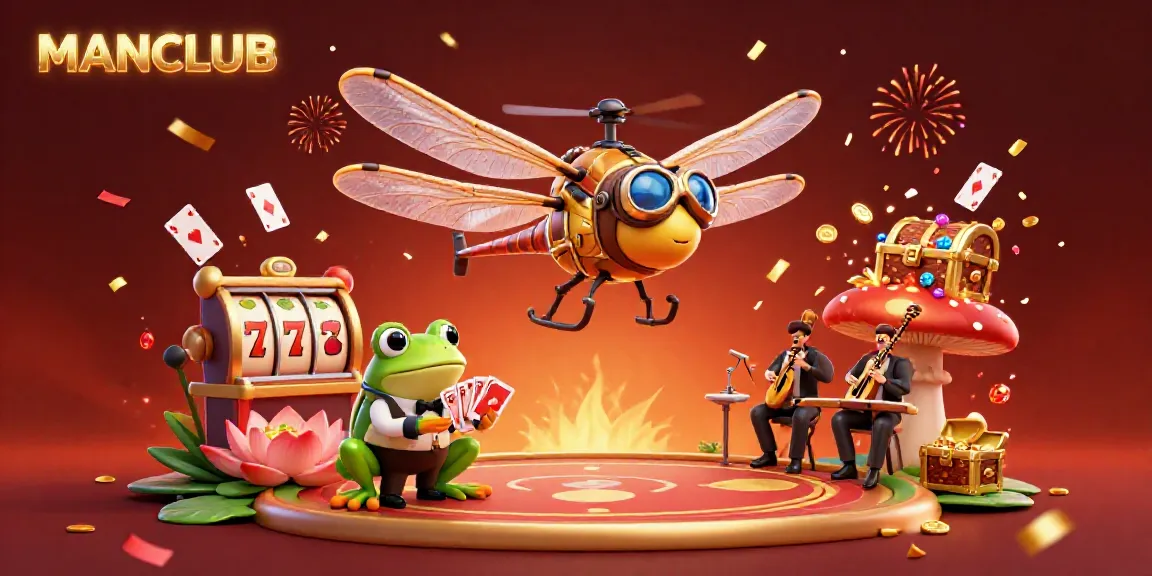 Engaging MANCLUB illustration showing a dynamic casino scene with characters and celebrating elements.