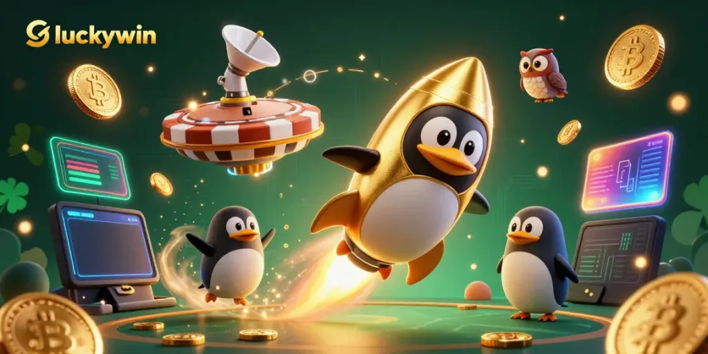 Experience excitement at luckywin with a dynamic 3D scene of a golden penguin and casino-themed elements.