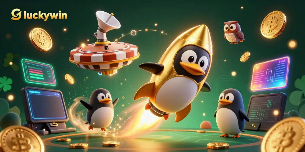 Experience excitement at luckywin with a dynamic 3D scene of a golden penguin and casino-themed elements.