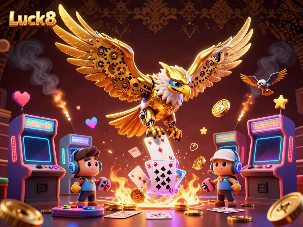 Luck8 showcases a vibrant golden eagle flying through holographic cards, symbolizing dynamic casino excitement.