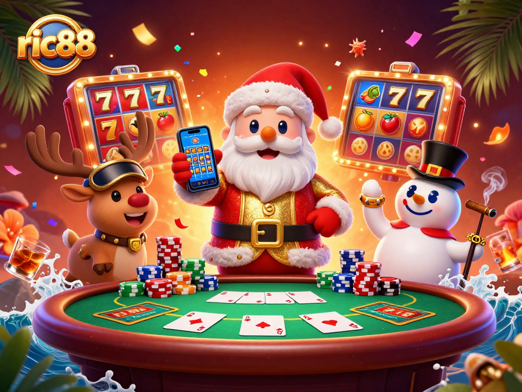 Experience the excitement of ric88 with Santa and friends celebrating jackpots in this vibrant casino scene.