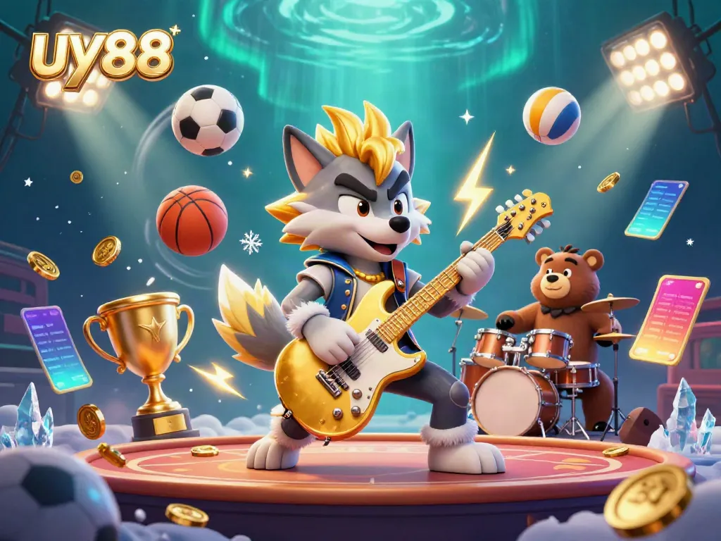 Experience the excitement of uy88 with a vibrant 3D casino illustration featuring animated characters and flying sports balls.