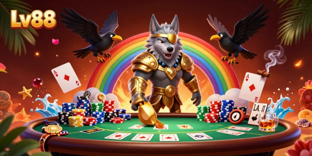 Engage with thrilling games at Lv88, featuring legendary characters and vibrant casino elements.