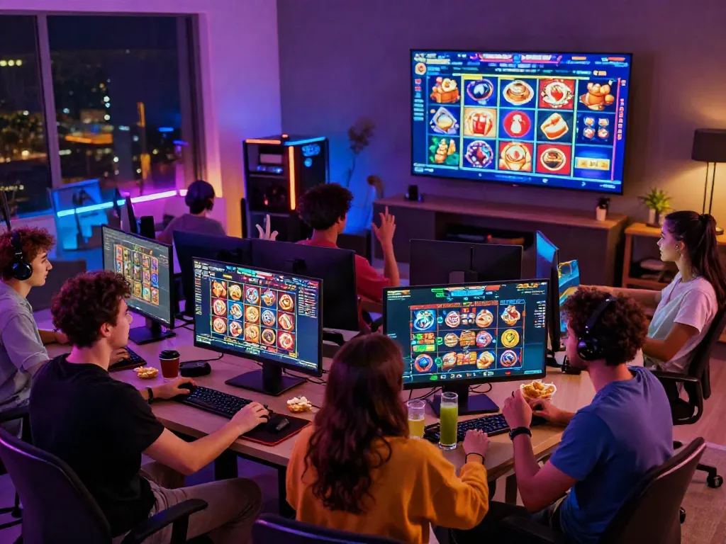 Friends enjoying lumbung88 gaming night with vibrant slot graphics and snacks.