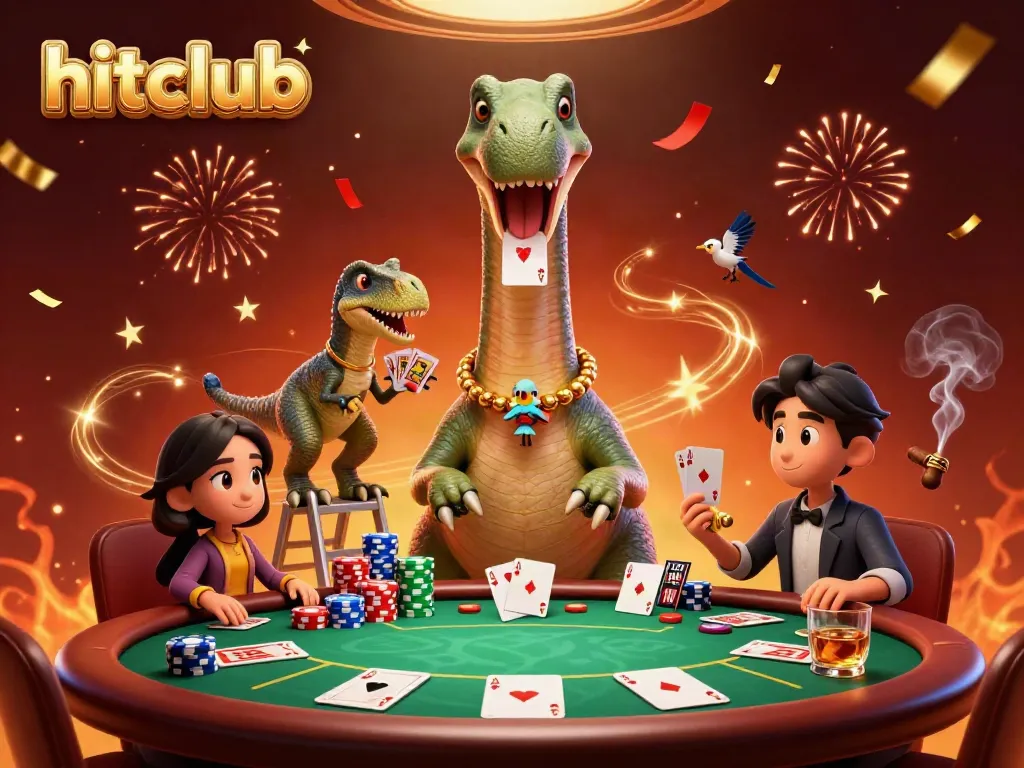 Hitclub casino scene featuring a large brontosaurus and clever raptor dealing cards.