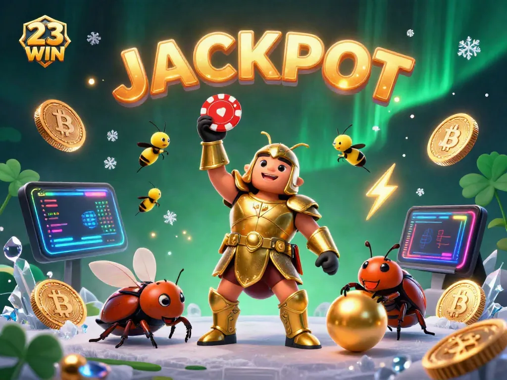 Experience a vibrant jackpot celebration with 23 WIN, showcasing a victorious beetle and glowing coins.