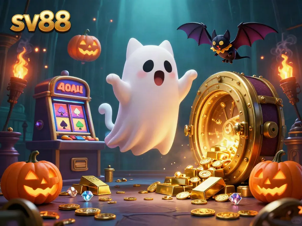 Experience the thrilling world of sv88 with a ghost cat and bat in a haunted casino.