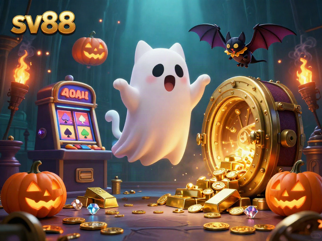 Experience the thrilling world of sv88 with a ghost cat and bat in a haunted casino.