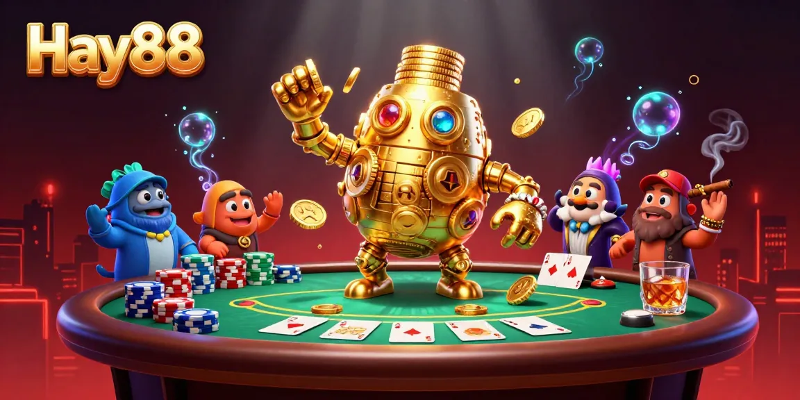 Experience exhilarating gaming strategies at Hay88 with vibrant poker elements and a captivating golden golem.