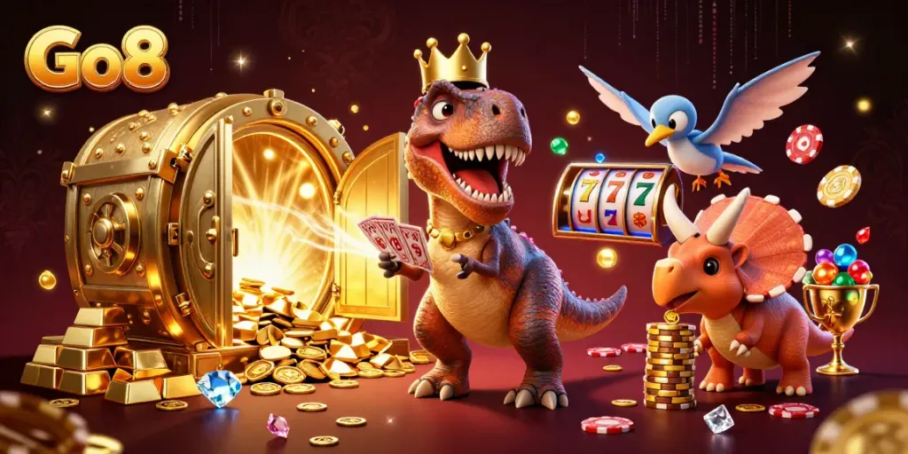 Go8 online casino illustration with a T-Rex and pterodactyl amidst golden treasures and slot game elements.
