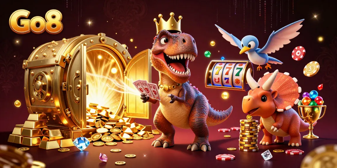Go8 online casino illustration with a T-Rex and pterodactyl amidst golden treasures and slot game elements.