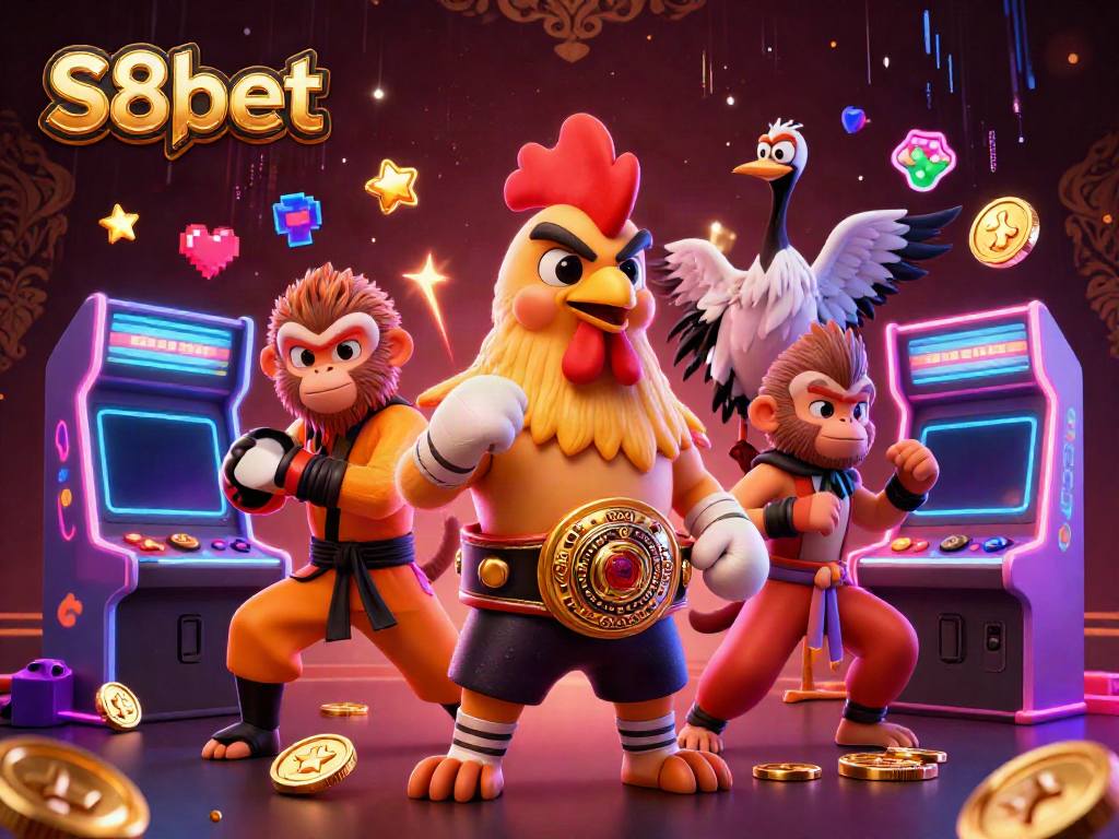 Experience the vibrant energy of S8bet with colorful arcade elements and dynamic characters in this 3D illustration.