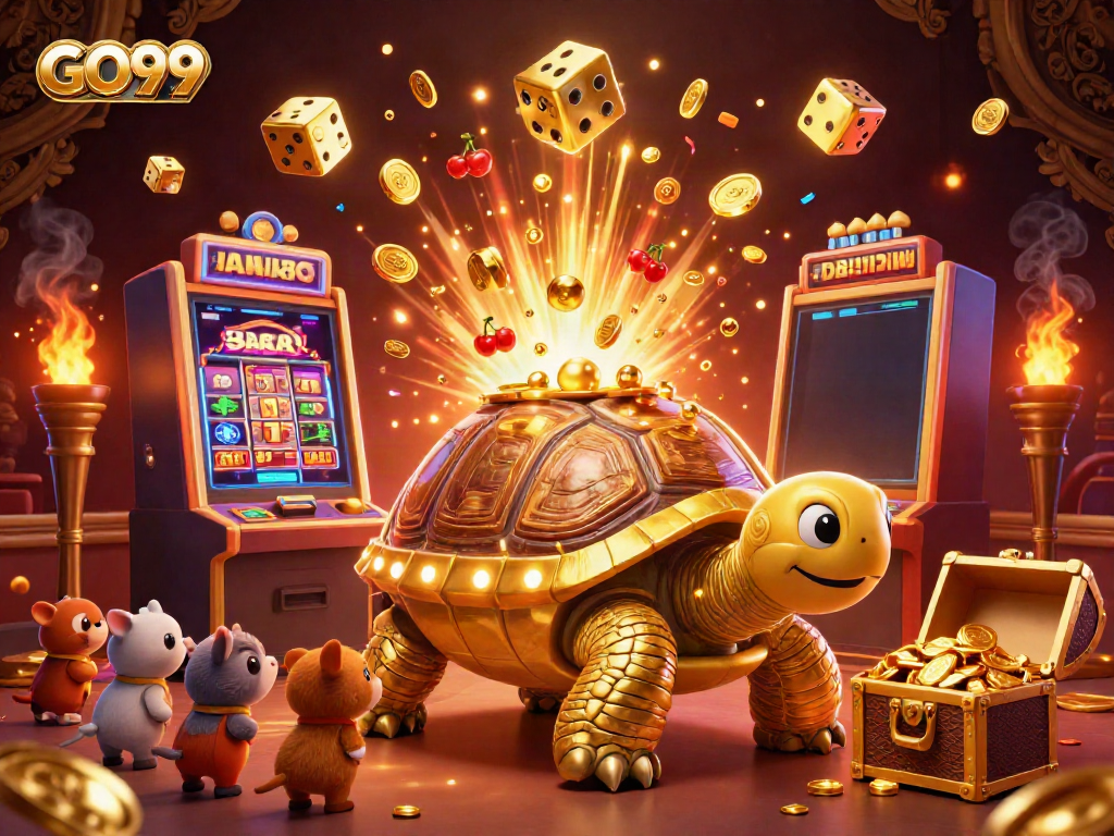 Engage in the GO99 gaming experience with dynamic slot machine action and vibrant casino elements.
