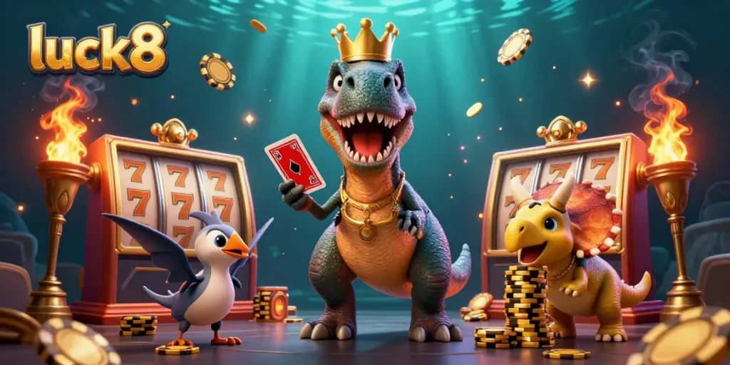 Engaging scene showcasing luck8 with a friendly T-Rex shuffling cards and vibrant casino elements.