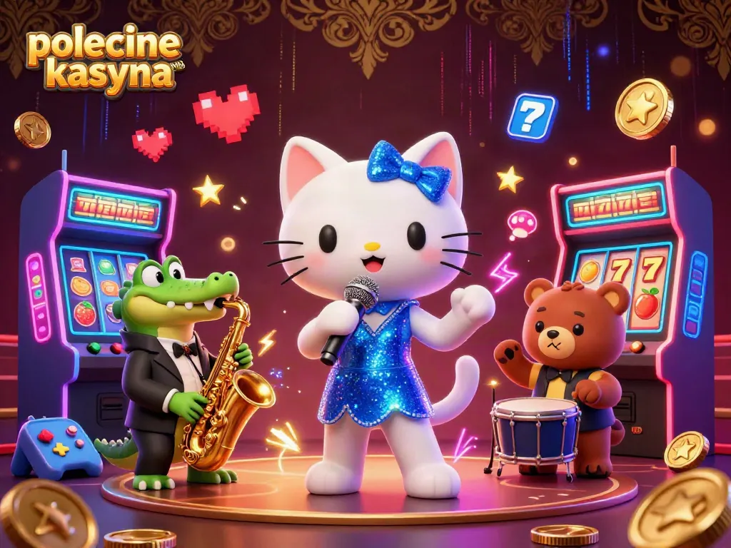Polecane kasyna online showcases a vibrant casino stage featuring musical characters and engaging game elements.